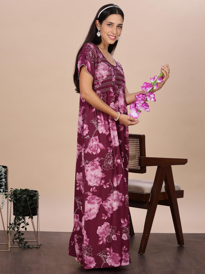 Purple Rose Floral Smocking Nighty for Women