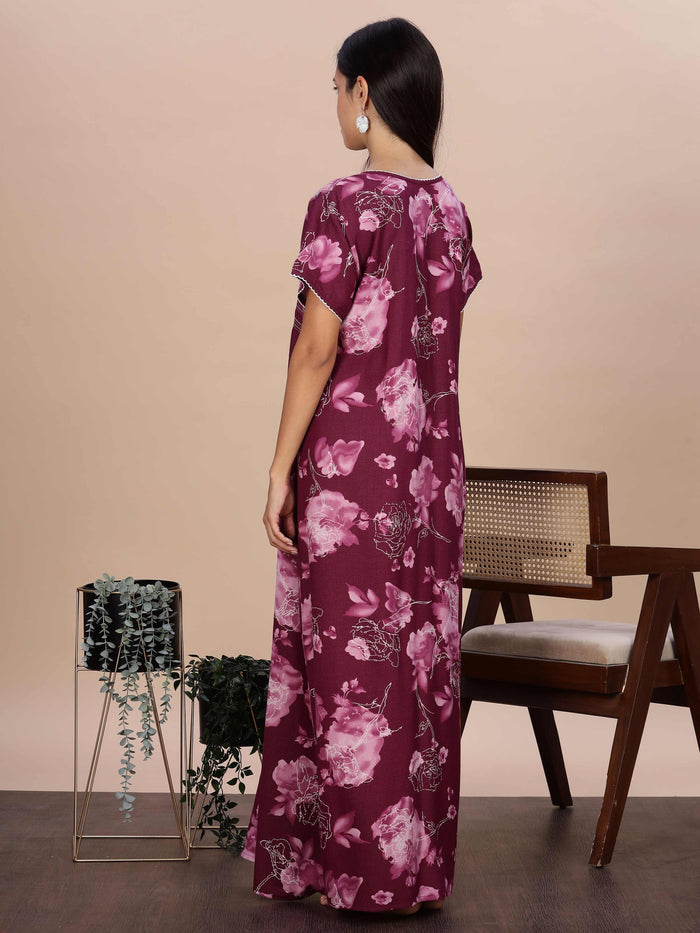 Purple Rose Floral Smocking Nighty for Women