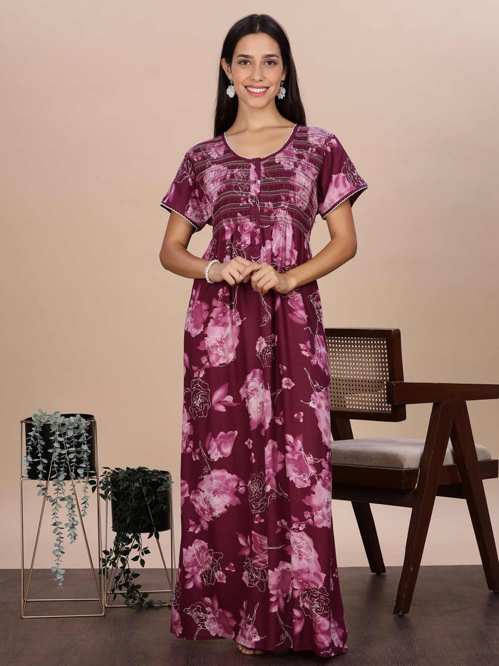 Purple Rose Floral Smocking Nighty for Women