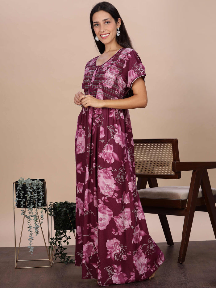 Purple Rose Floral Smocking Nighty for Women