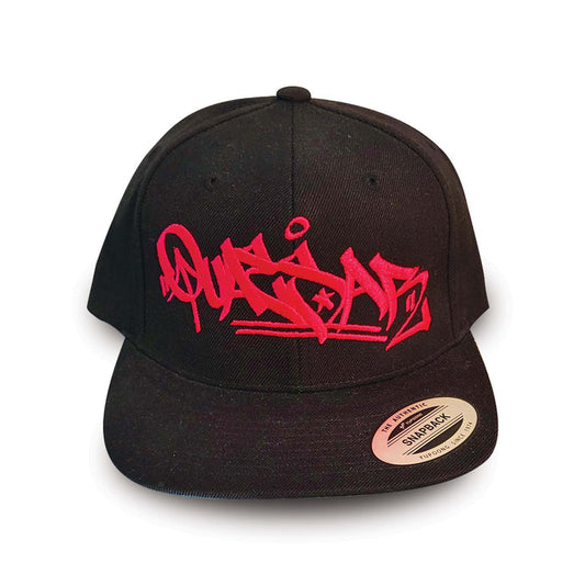 Black straight billed hat with graffiti style tag in hot pink.