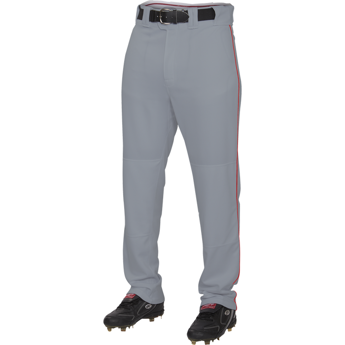 A person wears Rawlings Adult Premium Semi-Relaxed Baseball Pants with Piping (PRO150P) in gray, paired with a black belt and black cleats; only the lower half is visible against a white background.