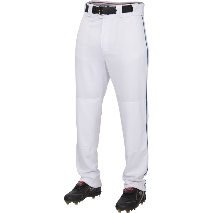 A person wearing Rawlings Adult Premium Semi-Relaxed Baseball Pants with Piping (PRO150P), made from 100% polyester, paired with a black belt and black cleats, stands against a plain white background.