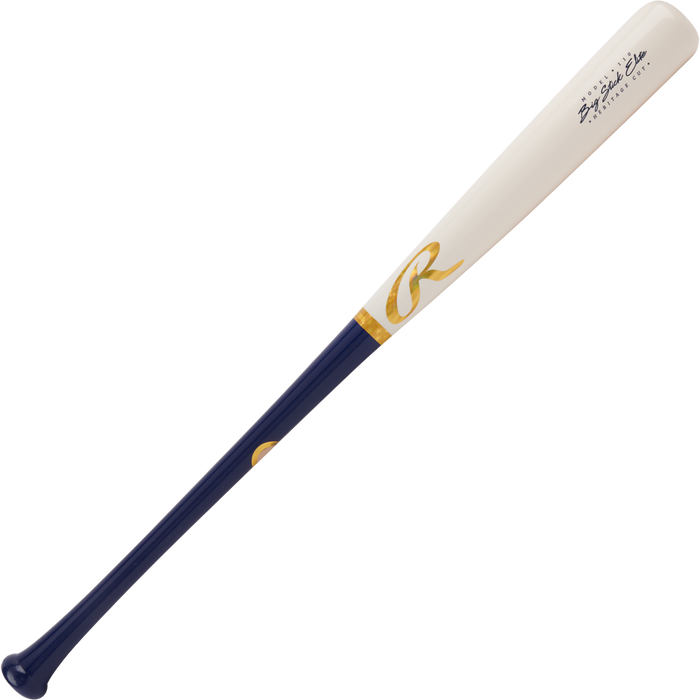 The Rawlings Big Stick Elite Birch Wood Baseball Bat (RBSB110) features a white barrel, dark blue handle, gold accents, and a logo near the tapered end. This Rawlings bat also has writing near the top of its birch wood barrel.