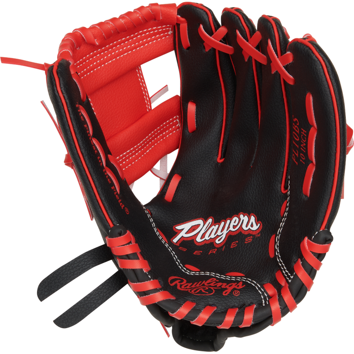 The Rawlings Players Series 10″ Youth Baseball Glove (PL10BS) features a black and red design, “Players Series” printed inside the palm, and a webbed pocket—making it perfect for young players catching baseballs.