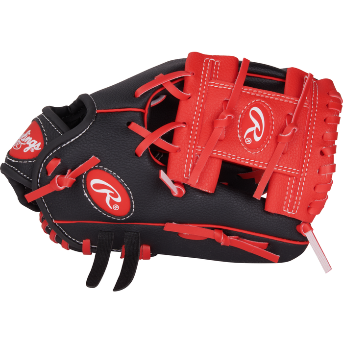 A Rawlings Players Series 10″ youth baseball glove (PL10BS) in black and red, featuring red laces, white stitching, and visible webbing and Rawlings logo shown from the side.
