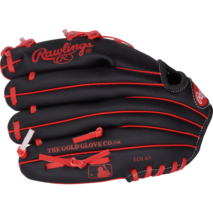 The Rawlings Players Series 10″ Youth Baseball Glove (PL10BS) is a black glove designed for young players, featuring red laces and stitching, with “THE GOLD GLOVE CO.” and Rawlings logos displayed on the outside.