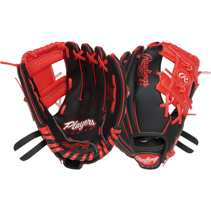 Two Rawlings Players Series 10″ Youth Baseball Gloves (model PL10BS) are displayed in black and red, with one showing the palm side and the other showing the back. Both gloves feature visible Rawlings and Players logos. Designed for young athletes just starting out, these youth baseball gloves from Rawlings are ideal for beginner players.