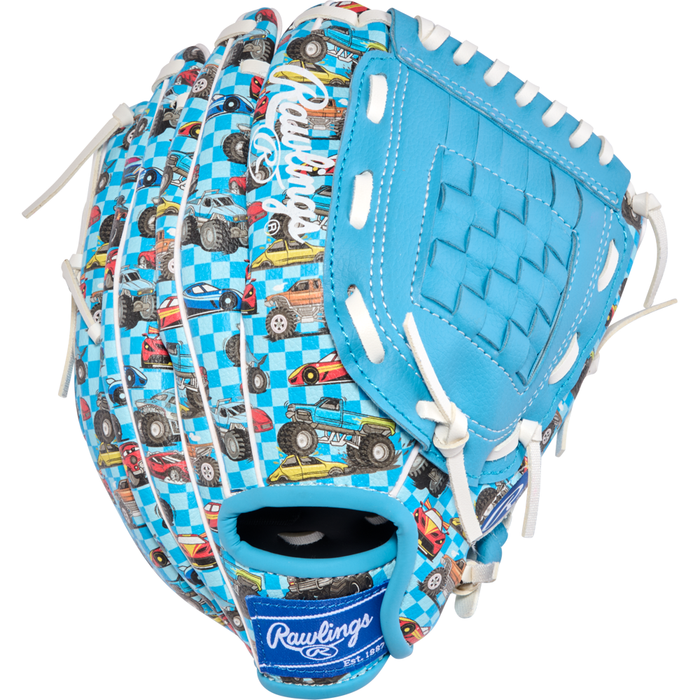 The Rawlings Players Series 10″ Youth Baseball Glove (PL10CBWR) features a vibrant blue design adorned with colorful cars and checkered flags, complete with white laces and a woven pocket—making it the ideal infield glove for young aspiring baseball players.