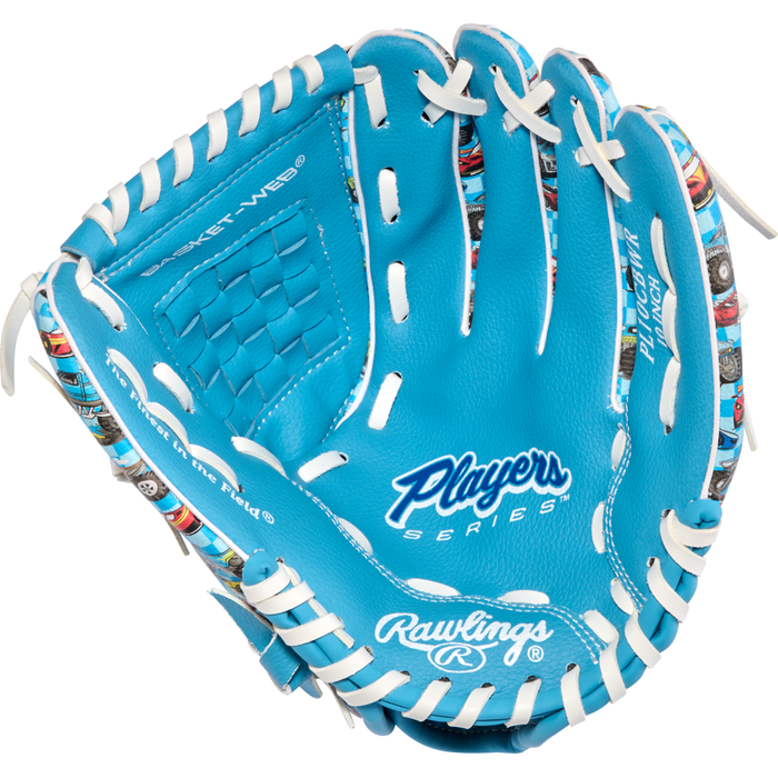 The Rawlings Players Series 10″ Youth Baseball Glove: PL10CBWR features a striking teal color with white laces, Players Series and Rawlings logos, and a fun car-themed pattern along the glove’s edge. Designed specifically for young players, this 10-inch infield glove delivers both standout style and reliable performance on the field.