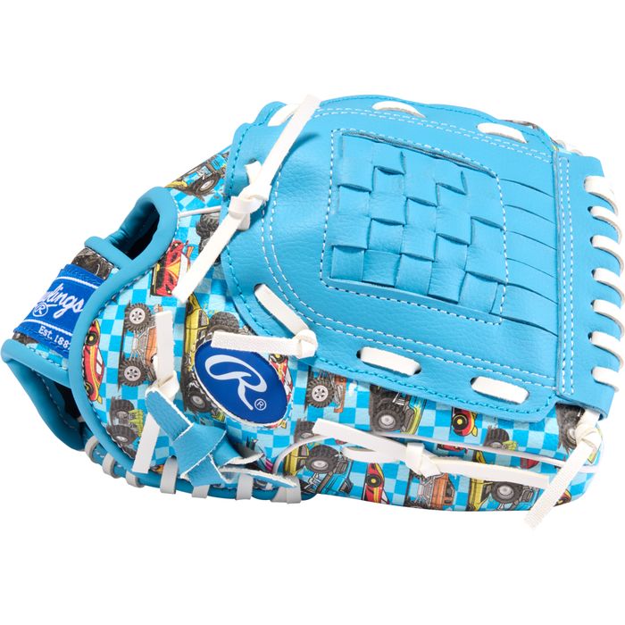 The Rawlings Players Series 10″ Youth Baseball Glove: PL10CBWR is a blue infield glove for young players, featuring a vibrant pattern of cars, cassette tapes, and boom boxes with white laces and accents—making it an ideal choice for aspiring baseball players.