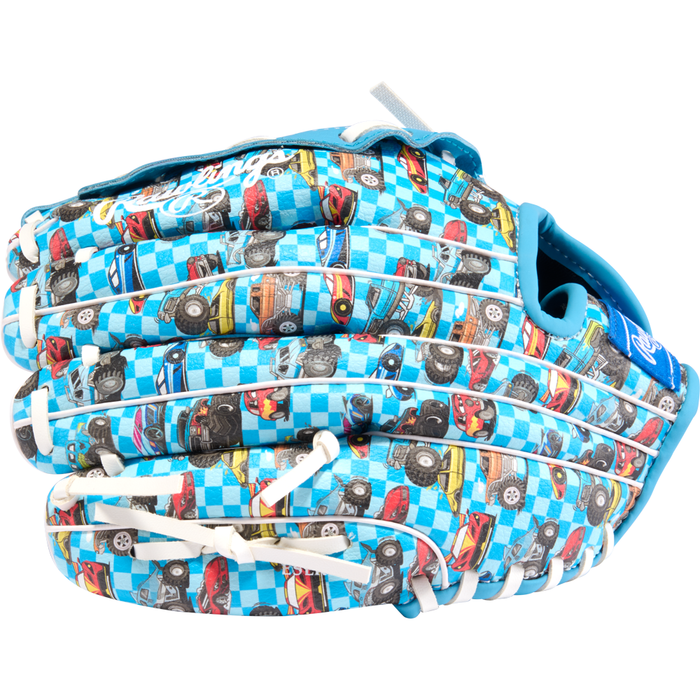 The Rawlings Players Series 10″ Youth Baseball Glove (PL10CBWR) features a vibrant blue design with colorful cartoon car graphics and a checkered pattern. Accented with white laces, this youth glove from Rawlings is perfect for young players just beginning their baseball journey.