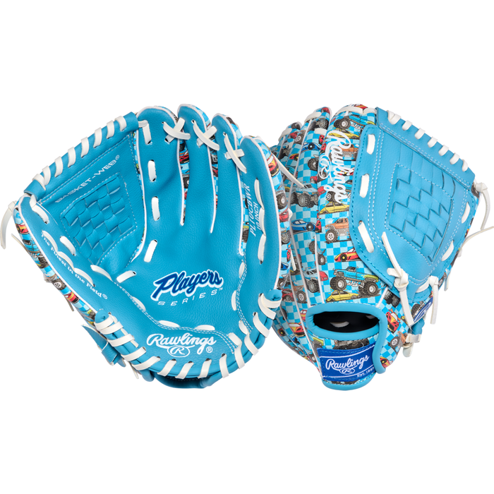 The Rawlings Players Series 10″ Youth Baseball Glove: PL10CBWR is showcased here as a versatile infield glove for young athletes. This eye-catching blue glove features “Players” text on the palm and colorful car patterns with white laces across the back, blending playful style with dependable performance—ideal for any aspiring player.