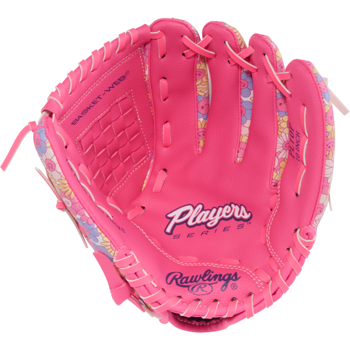 The Rawlings Players Series 10″ Youth Fastpitch Glove (PL10P) is a bright pink infield glove featuring floral-patterned trim and white laces, with “Players Series” printed on the palm and the “Rawlings” logo near the wrist.