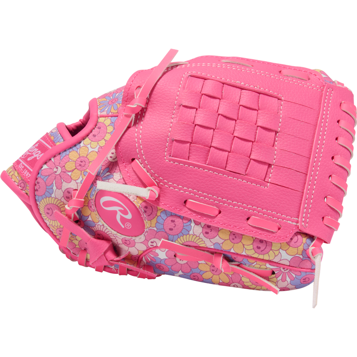 A pink Rawlings Players Series 10-inch youth fastpitch glove (PL10P) featuring a floral pattern with yellow, pink, and purple flowers, white stitching, and a woven pocket.