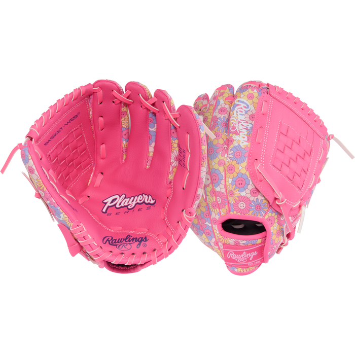 A pair of Rawlings Players Series 10″ Youth Fastpitch Gloves (model PL10P) are displayed front and back against a white background, featuring vibrant pink color, floral patterns, and “Players Series” printed on the palm. Perfectly sized for young athletes, these Rawlings gloves help youth players shine on the field.