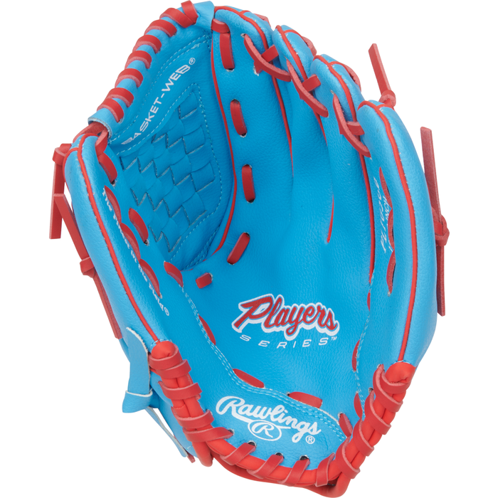 A blue Rawlings Players Series 10.5″ Youth Baseball Glove (PL105CB) with red laces, featuring the Players Series and Rawlings logos printed inside the palm. This youth glove is ideal for young players just getting started in baseball.