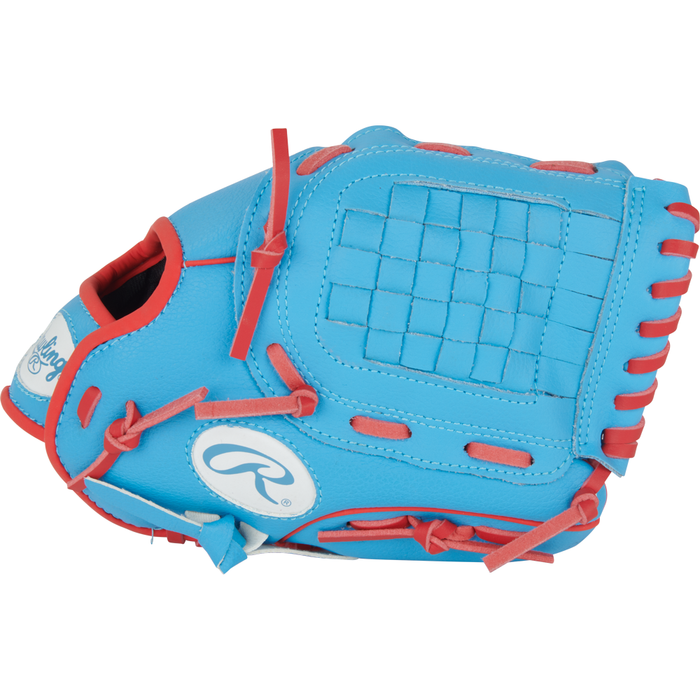 A Rawlings Players Series 10.5″ Youth Baseball Glove (PL105CB) by Rawlings, designed in blue with striking red laces and white accents, features a woven pocket pattern and is displayed against a white background. This glove is ideal for young players just beginning their baseball journey.