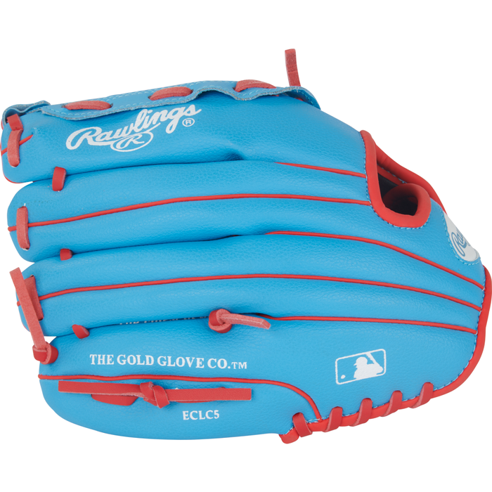 A Rawlings Players Series 10.5″ Youth Baseball Glove (PL105CB) is shown from the side, featuring a vibrant blue color with red laces and white logos, including THE GOLD GLOVE CO. and the MLB logo. Designed for young players, this glove combines eye-catching style with the trusted performance of Rawlings.