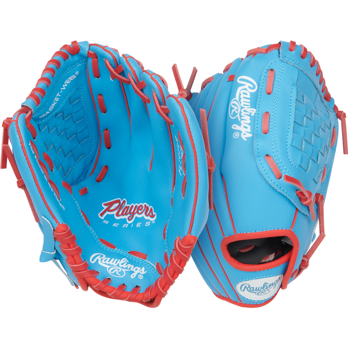 Two Rawlings Players Series 10.5″ Youth Baseball Gloves (model PL105CB) are displayed side by side, each in blue with red laces—one showing the inner palm and the other the back. Both youth gloves feature white Rawlings and Players Series branding.