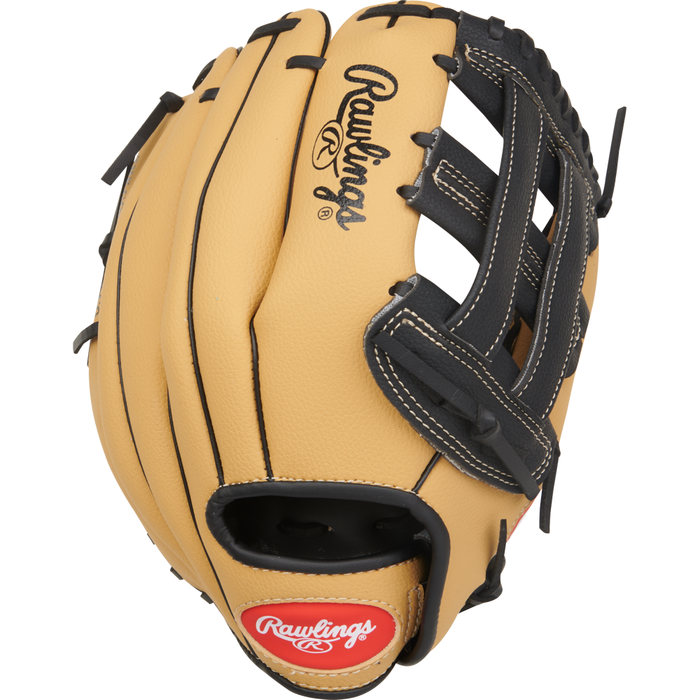 The Rawlings Players Series 11.5″ Youth Baseball Glove (PL115CB) is displayed from the back, showcasing its tan and black design, visible stitching, and prominent Rawlings logo. Designed for catching baseballs, this glove features an open wrist area and webbed pocket to provide comfort and control, making it an ideal choice for developing youth players.