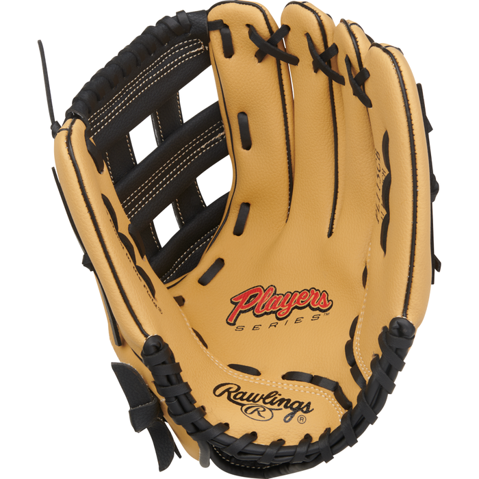 A tan and black Rawlings Players Series 11.5″ Youth Baseball Glove (model PL115CB) with the Players Series and Rawlings logos visible inside the palm is open, displaying its interior detail and stitching.