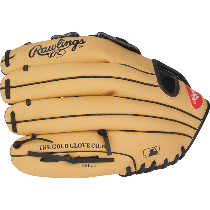The Rawlings Players Series 11.5″ Youth Baseball Glove (PL115CB) features a tan design with black stitching, THE GOLD GLOVE CO. printed on the side, and the MLB logo near the wrist area—making it an ideal choice for aspiring young players.