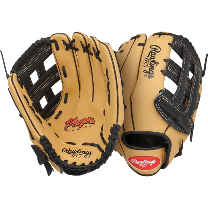 Two tan and black Rawlings Players Series 11.5″ Youth Baseball Gloves (model PL115CB) are shown, one with the palm facing up and the other palm down, highlighting the glove’s webbing, laces, and distinctive Rawlings logo. This high-quality youth baseball glove combines standout style with top-notch craftsmanship, making it an excellent choice for young players.