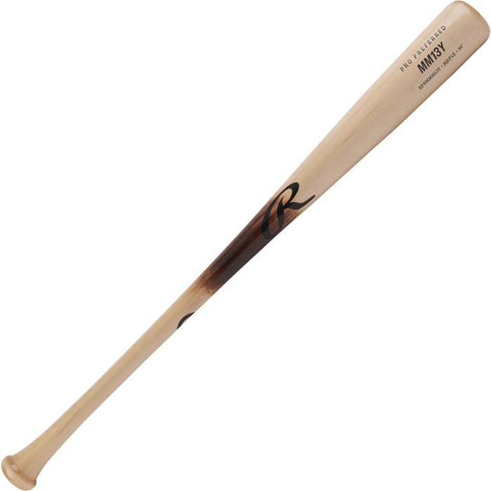 The Rawlings Pro Preferred Youth Maple Wood Baseball Bat (RPPMMM13Y) features a light maple finish, slightly tapered barrel, flared handle, dark logo, and MM13 pattern text on the barrel near the knob.