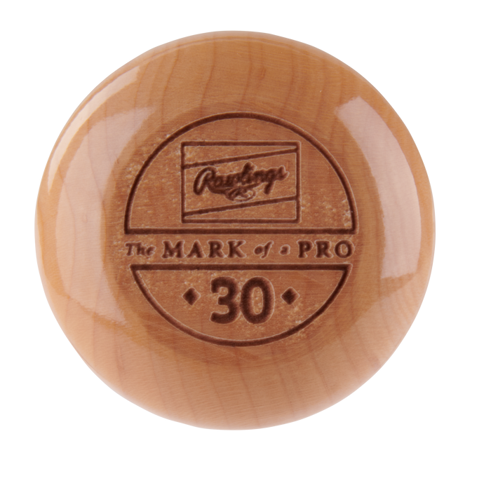 A round wooden end cap for the Rawlings Pro Preferred Youth Maple Wood Baseball Bat (RPPMMM13Y) engraved with "Rawlings," "The MARK of a PRO," and the number 30 inside a circle.