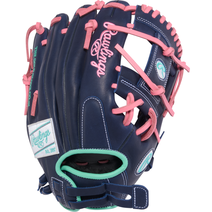 The Rawlings R9 11.5" Fastpitch Glove (R9SB115U-2N) features navy blue with pink laces, teal accents, and white Rawlings logos, shown against a plain white background.