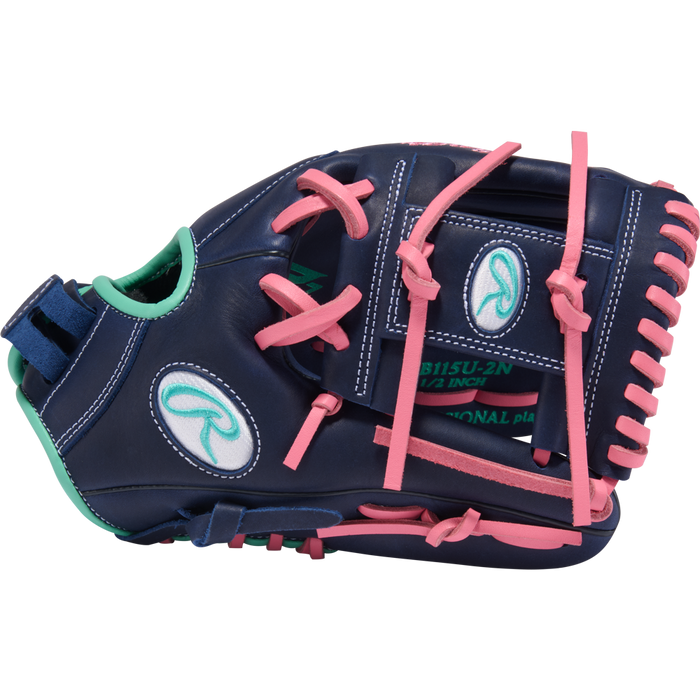 The Rawlings R9 11.5" Fastpitch Glove (R9SB115U-2N) features navy blue leather, pink laces, green trim, and white oval logos—ideal as a youth softball glove—shown on a plain white background.