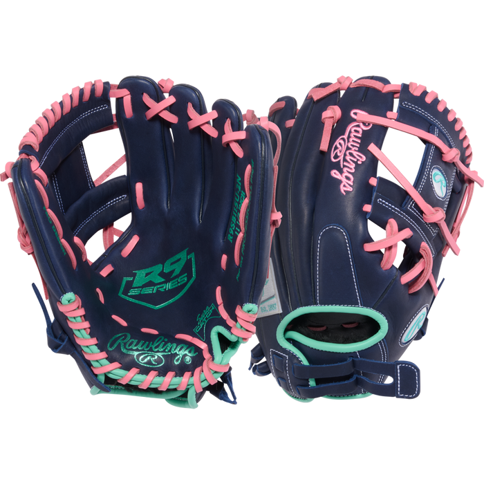 Two Rawlings R9 11.5" Fastpitch Gloves (R9SB115U-2N) in navy blue with pink lacing, mint green accents, and the green and pink Rawlings logo are shown side by side, displaying both the inside and outside.