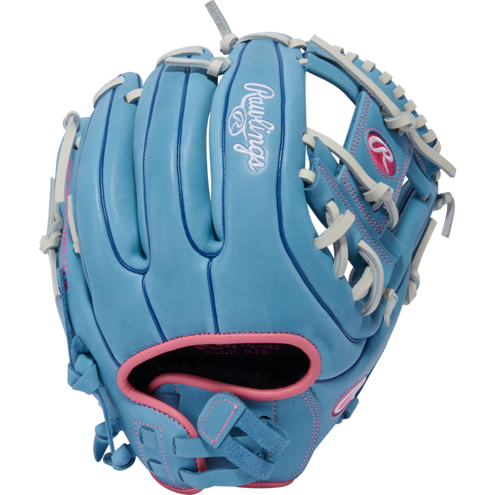 The Rawlings R9 11.75" Fastpitch Glove (R9SB715-2CB) features full-grain leather in light blue with white laces and pink embroidery and lining, shown on a plain white background.