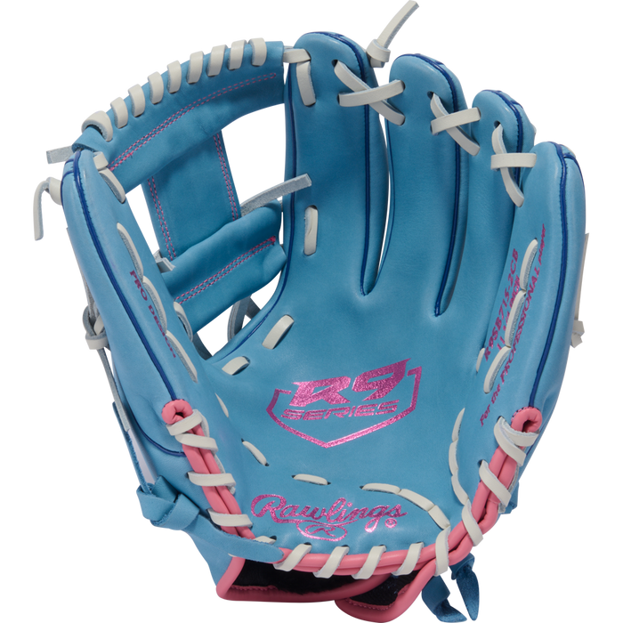 The Rawlings R9 11.75" Fastpitch Glove (R9SB715-2CB) is a light blue glove with white laces and pink accents, made from full-grain leather. The glove is open, displaying the inner palm and finger sections.