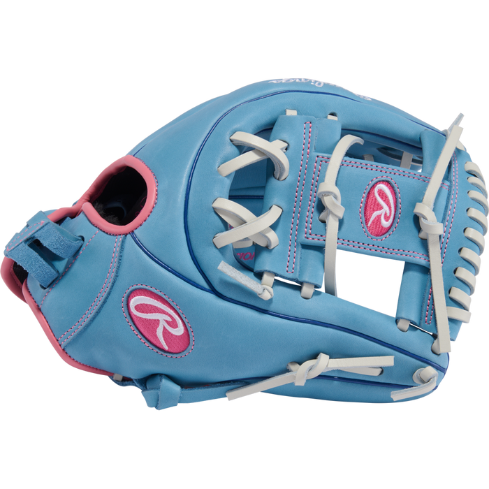 The Rawlings R9 11.75" Fastpitch Glove (R9SB715-2CB) features light blue full-grain leather, white laces, and pink stitching and logos. This infield glove by Rawlings is displayed on a plain white background.