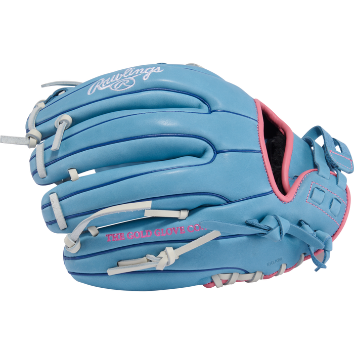 The Rawlings R9 11.75" Fastpitch Glove (R9SB715-2CB) features a sky blue, full-grain leather design with pink accents, white laces, and “THE GOLD GLOVE CO.” in pink—perfect for quick infield plays.