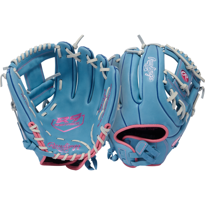 Two Rawlings R9 11.75" Fastpitch Gloves (R9SB715-2CB) with blue full-grain leather, white laces, and pink accents are shown in front and back views against a plain white background.