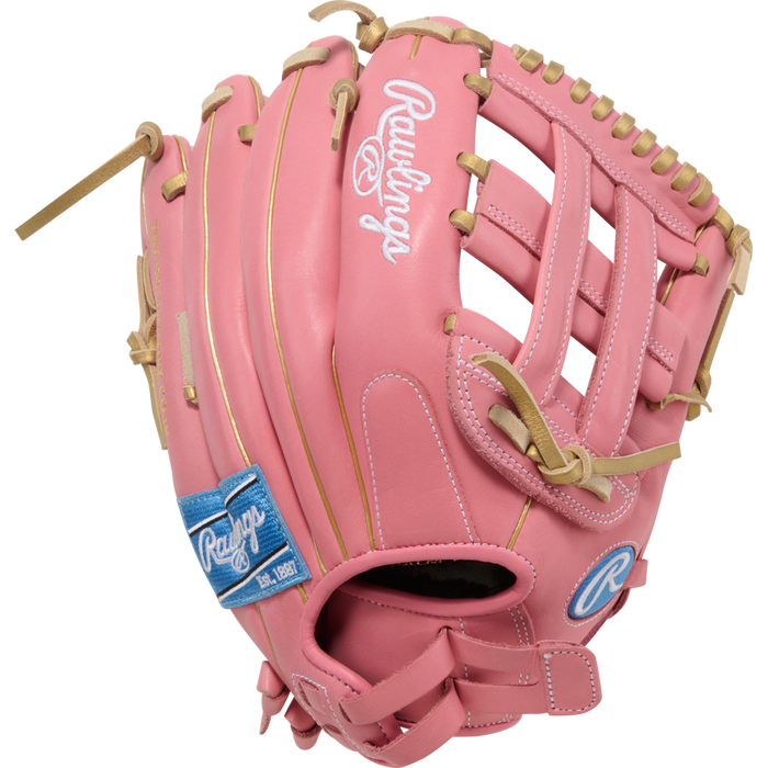 The Rawlings R9 12" ContoUR Fastpitch Glove (R9SB120U-6P) is a pink youth softball glove with tan laces, white stitching, blue Rawlings logos, and ContoUR Fit design, shown against a white background.