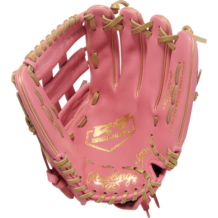 The Rawlings R9 12" ContoUR Fastpitch Glove (R9SB120U-6P) is shown palm-side up, featuring a pink design with tan laces and gold lettering, set against a plain white background.