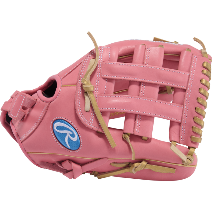 The Rawlings R9 12" ContoUR Fastpitch Glove (R9SB120U-6P) is a pink leather youth glove with tan lacing, white stitching, and a blue Rawlings logo patch. Part of the R9 Series, it features ContoUR Fit for comfort and control.