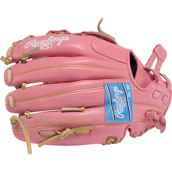 The Rawlings R9 12" ContoUR Fastpitch Glove (R9SB120U-6P) features a pink design with tan laces, blue Rawlings patch, ContoUR Fit, and "THE GOLD GLOVE CO." in gold. Perfect for youth softball.