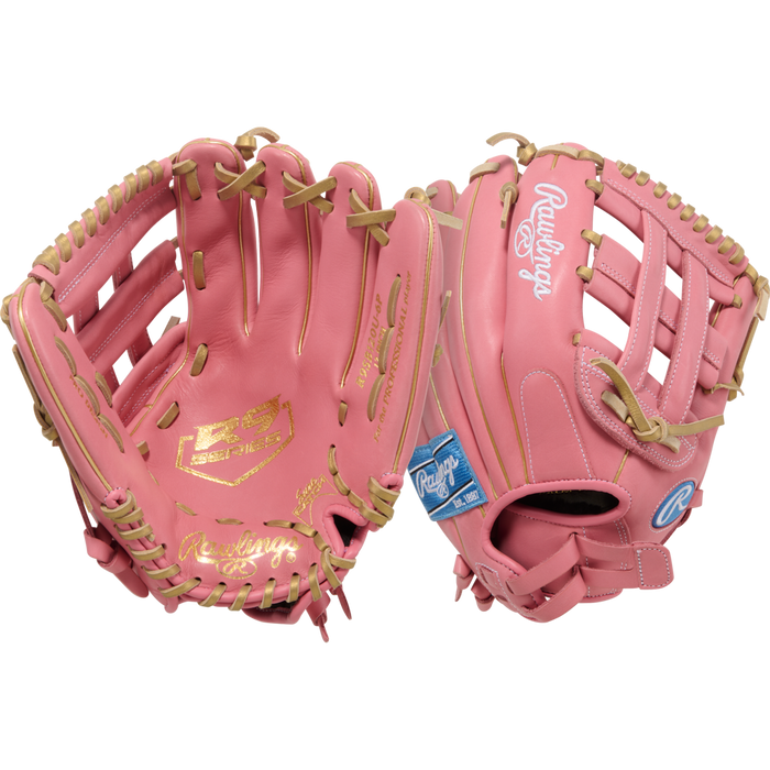 Two Rawlings R9 12" ContoUR Fastpitch Gloves (R9SB120U-6P) are shown side by side, highlighting tan laces, gold accents, and logos from the R9 Series fastpitch collection in both front and back views.