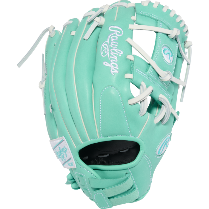 The Rawlings R9 12" Fastpitch Glove (R9SB120-2MW) features a mint green design with white laces and stitching, logo embroidery on the thumb and wrist strap, and is made from premium full-grain leather for lasting durability.