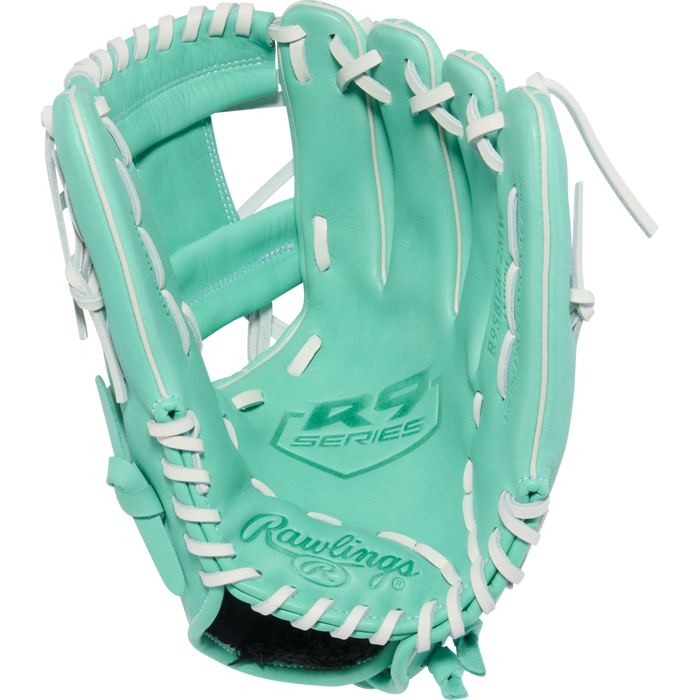 The Rawlings R9 12" Fastpitch Glove (R9SB120-2MW) features a turquoise design with white laces, R9 SERIES printed in the palm, and visible stitching, offering high-quality construction for lasting performance.