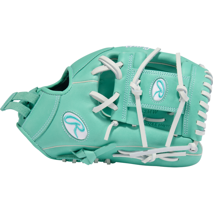 The Rawlings R9 12" Fastpitch Glove (R9SB120-2MW) features a teal design with white laces and embroidered logos, crafted from full-grain leather, shown on a simple light background.