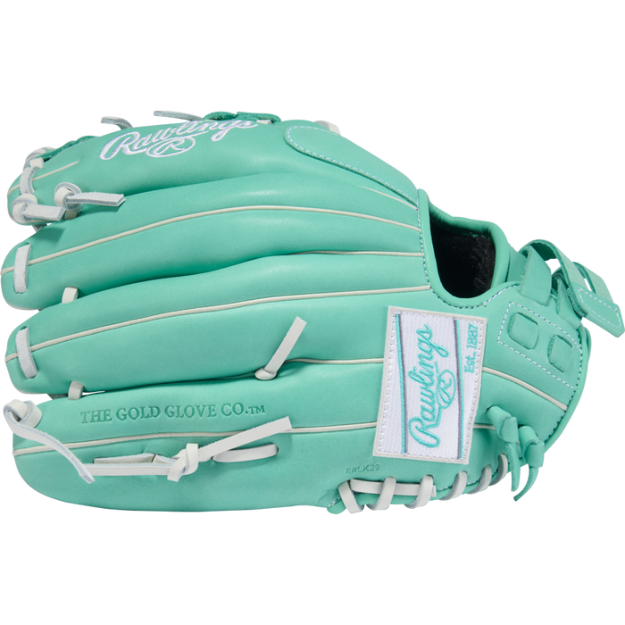 The Rawlings R9 12" Fastpitch Glove (R9SB120-2MW) features teal full-grain leather, white laces and accents, and "Rawlings" plus "THE GOLD GLOVE CO." stitched in white on the glove.