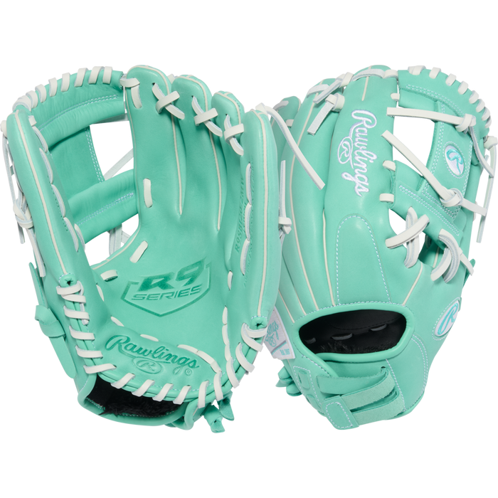 The Rawlings R9 12" Fastpitch Glove (R9SB120-2MW) by Rawlings features teal full-grain leather, white laces and stitching, and R9 Series branding, displayed on a plain white background.