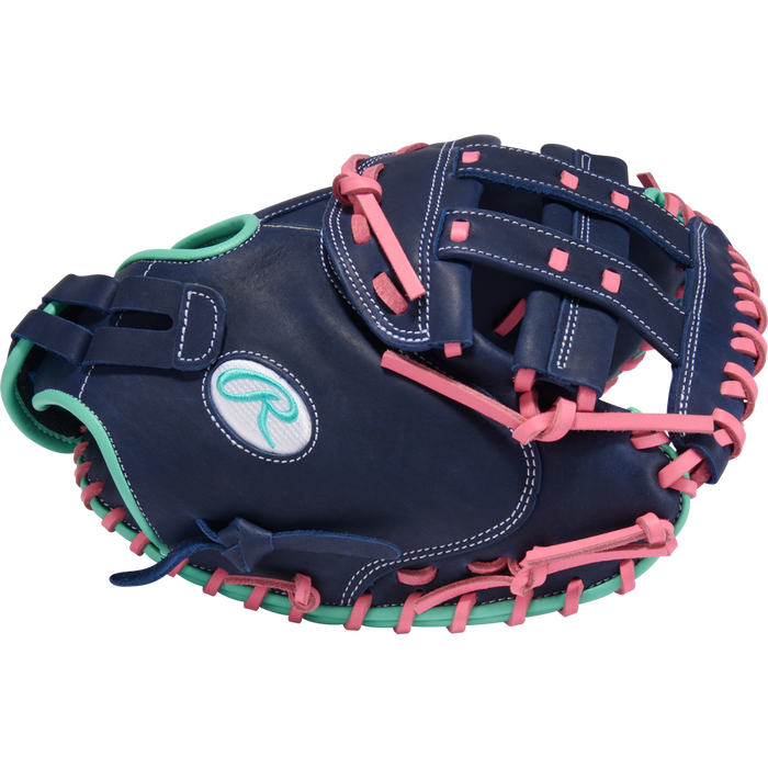 The Rawlings R9 33" Fastpitch Catcher's Mitt (R9SBCM33-24NMP) features navy blue leather, pink laces, mint green accents, white stitching, and a teal Rawlings logo for standout style and top performance behind the plate.
