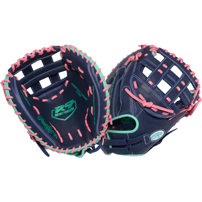 A pair of Rawlings R9 33" Fastpitch Catcher's Mitts (R9SBCM33-24NMP) in dark blue with pink and teal laces, white stitching, and teal branding on a plain white background.